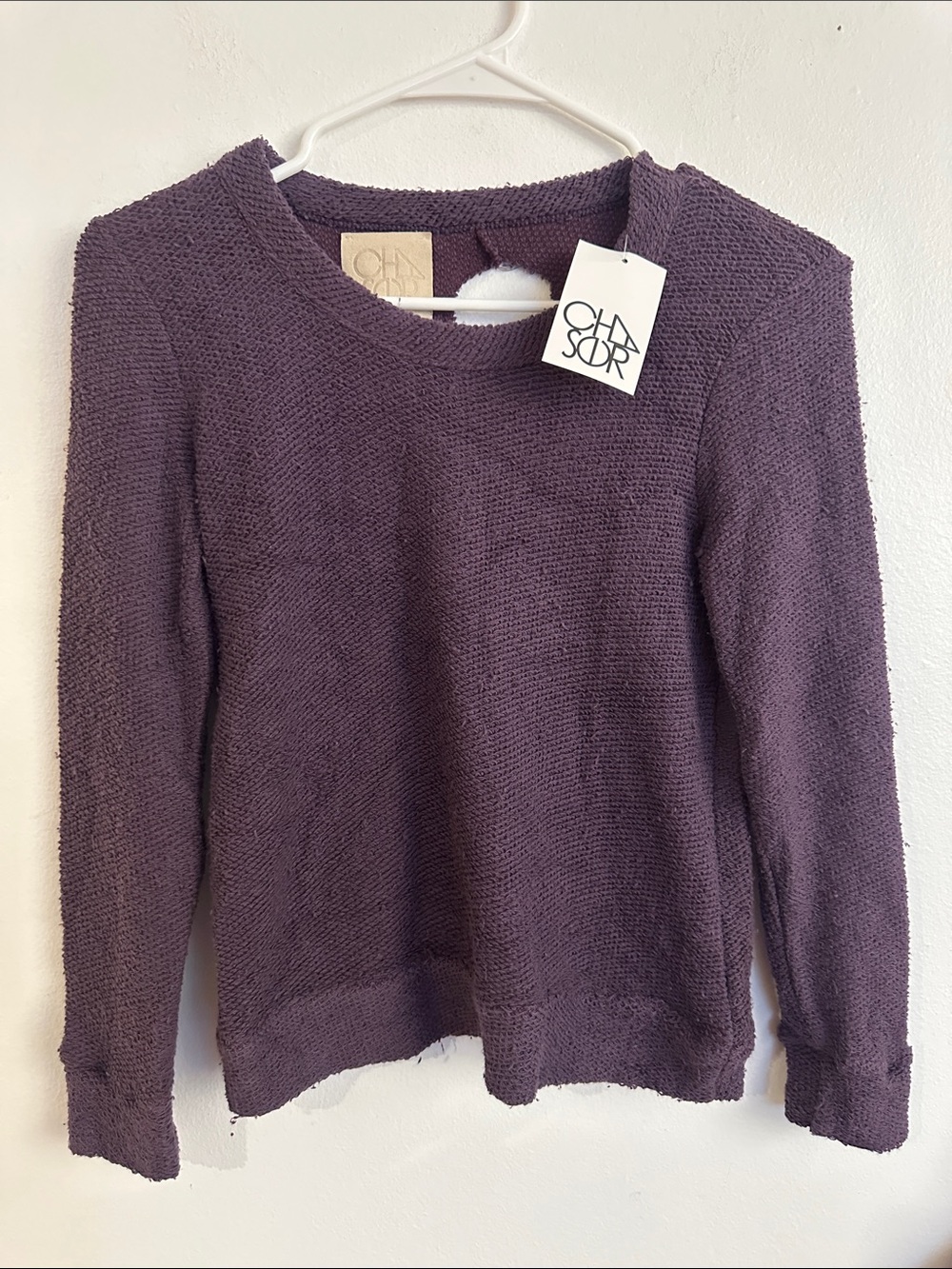 Chaser Plum  with Distressed  Cutout Back Crew Sweater
